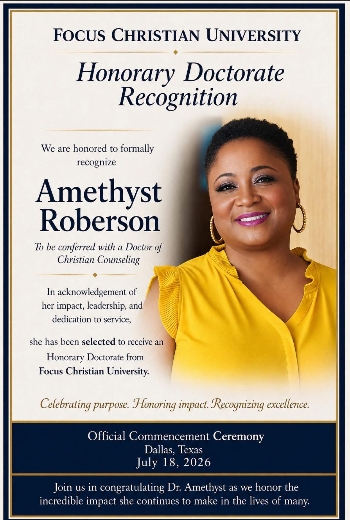 Honorary Doctorate Recognition for Amethyst Roberson from Focus Christian University